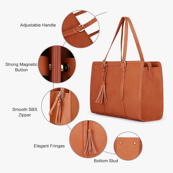 Ecosusi Sophisticated Tan Vegan Laptop Tote/3 Layer Computer Bag - Picture 9 of 16